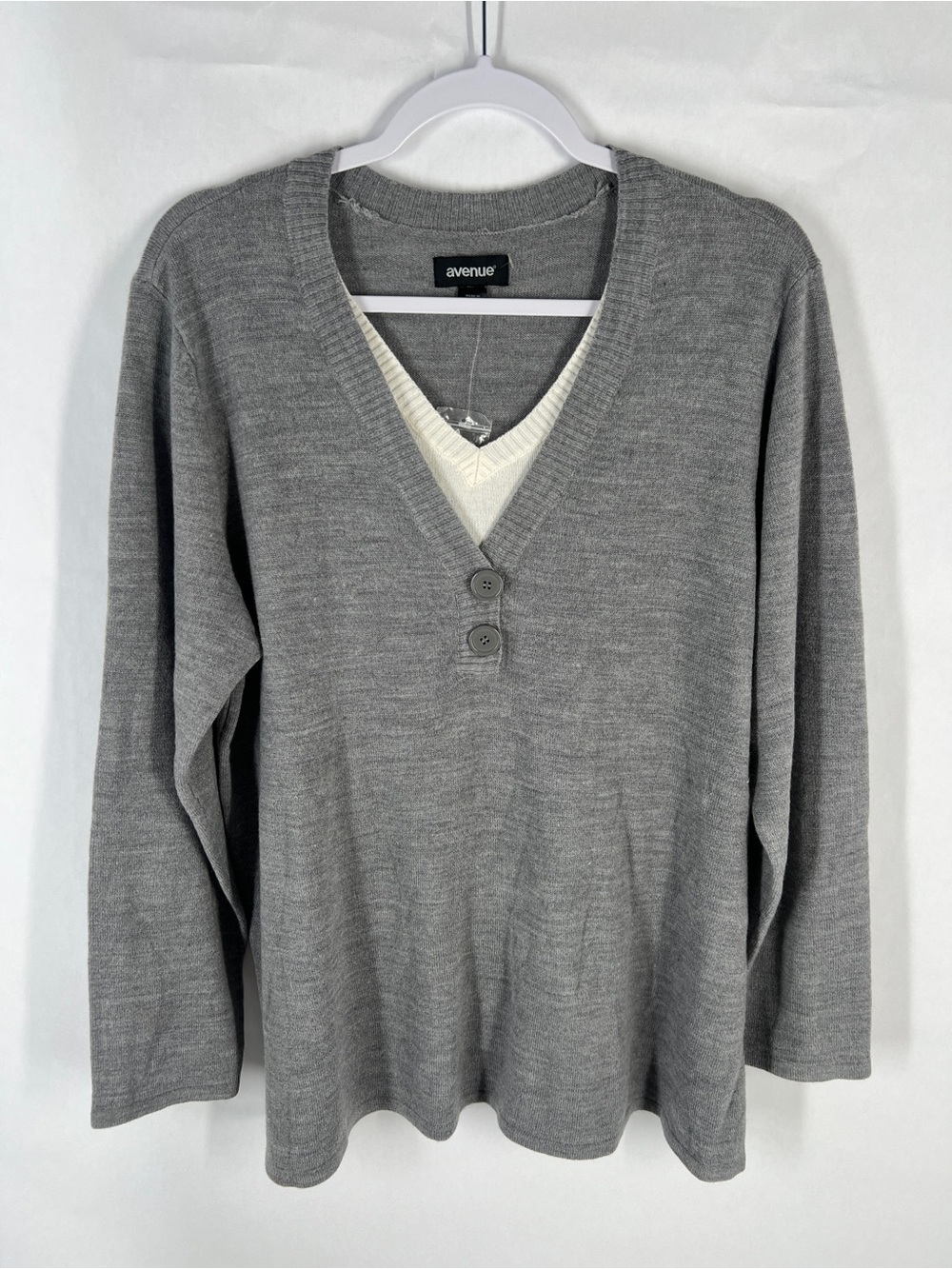 Avenue Gray & Ivory Faux Layered V-Neck Sweater Plus Size 18/20